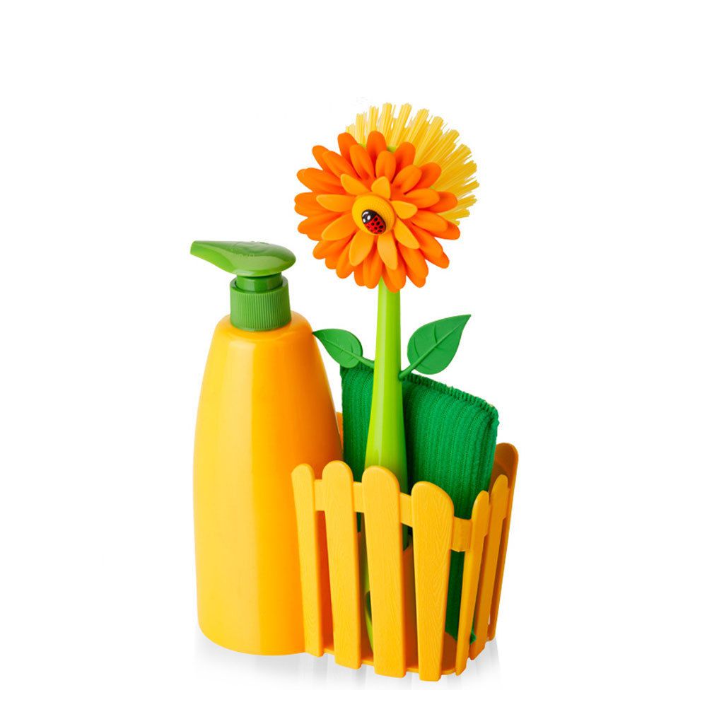 Decorative yellow dish brush flower-shaped from VIGAR 'Flower Power',  cleaning sponge, white background, - SuperStock