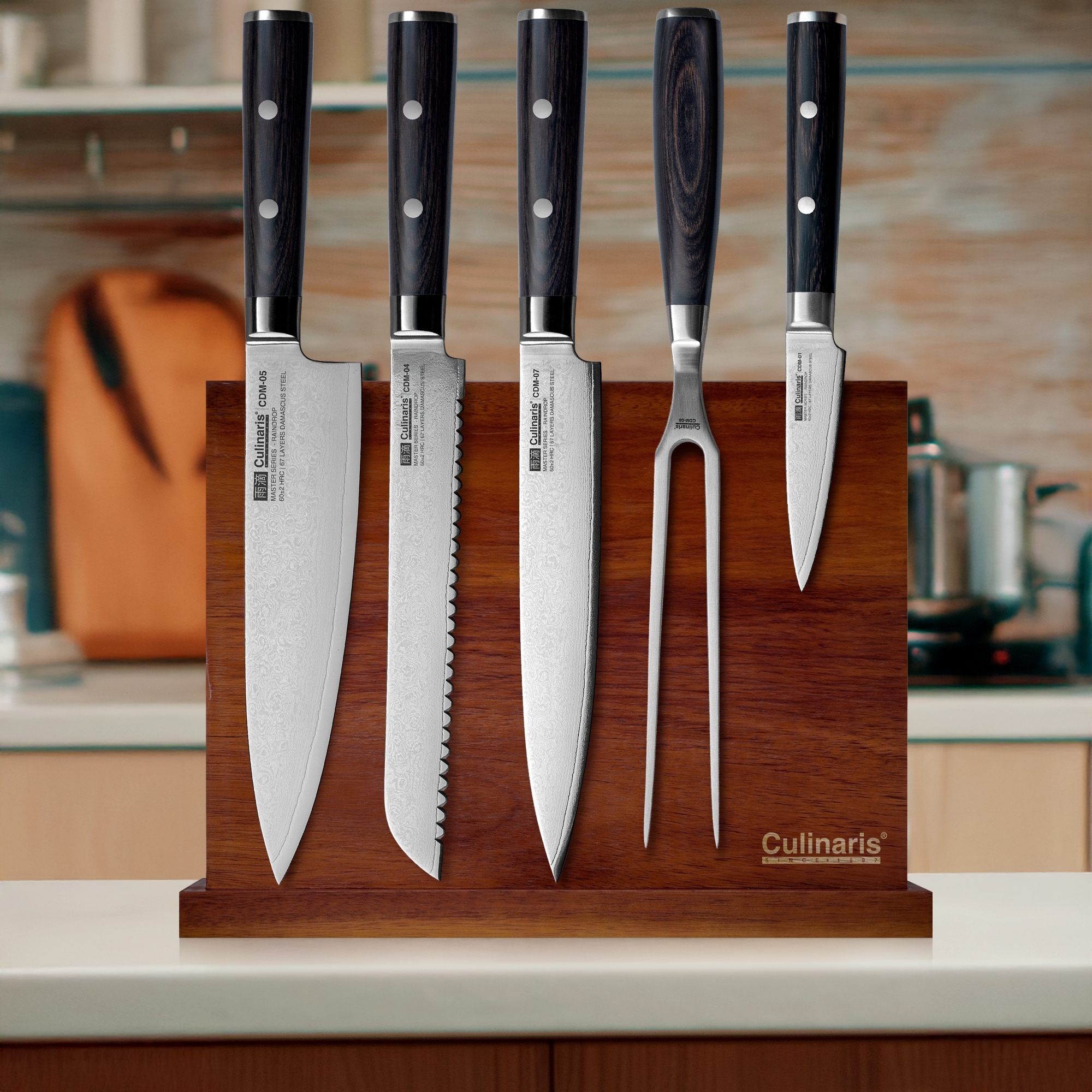 Culinaris - Magnetic Knife Block + 4 Damascus Knives + Meat Fork | Set of 6 | Damascus Master Series