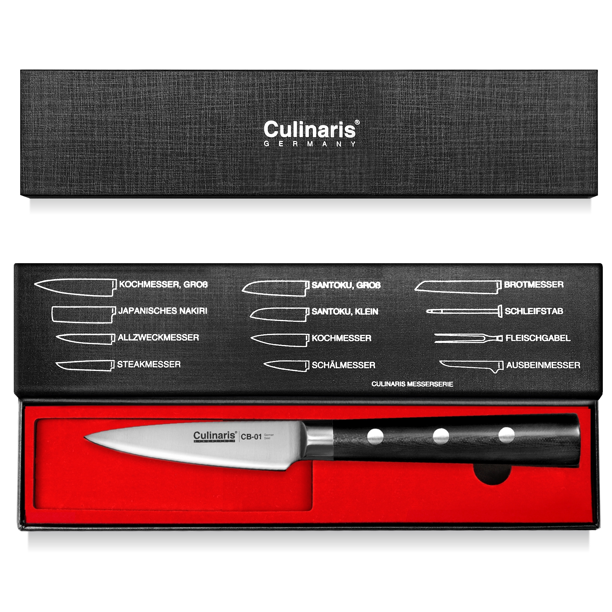 Culinaris - Knife set - Santoku, paring knife, utility knife, magnetic bar Black Series