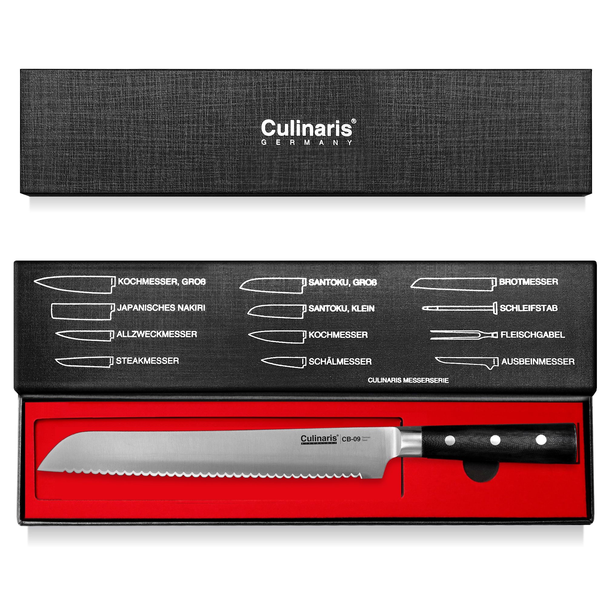 Culinaris - Messer-Set - Kochmesser CB-08 + Santoku CB-04+ Brotmesser CB-09 + Schälmesser CB-01 Black Serie