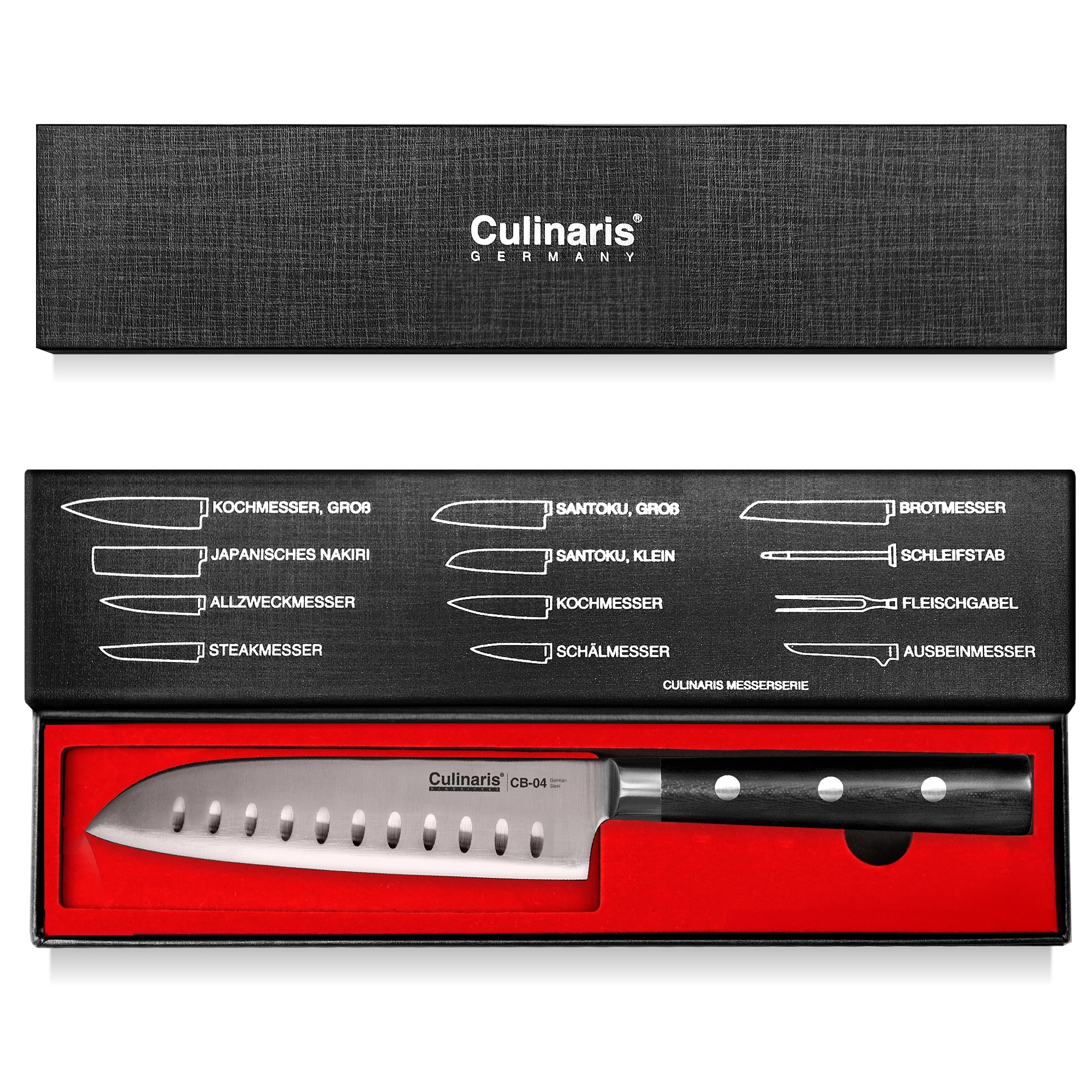 Culinaris - Messer-Set - Kochmesser, Santoku, Brotmesser, Schälmesser Black Serie