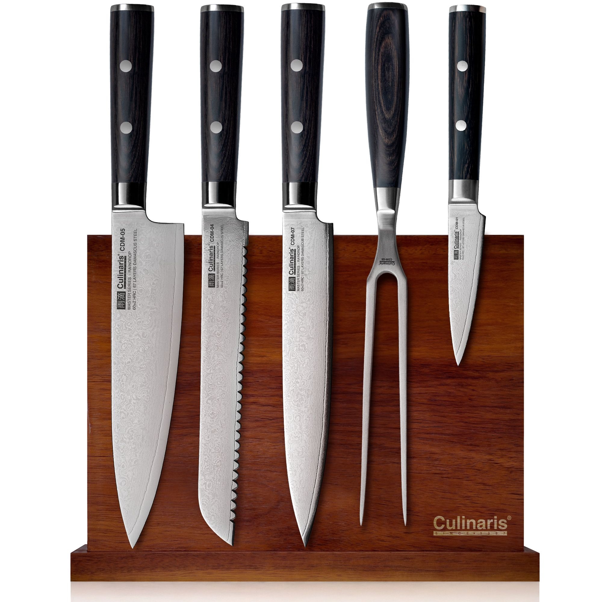 Culinaris - Magnetic Knife Block + 4 Damascus Knives + Meat Fork | Set of 6 | Damascus Master Series