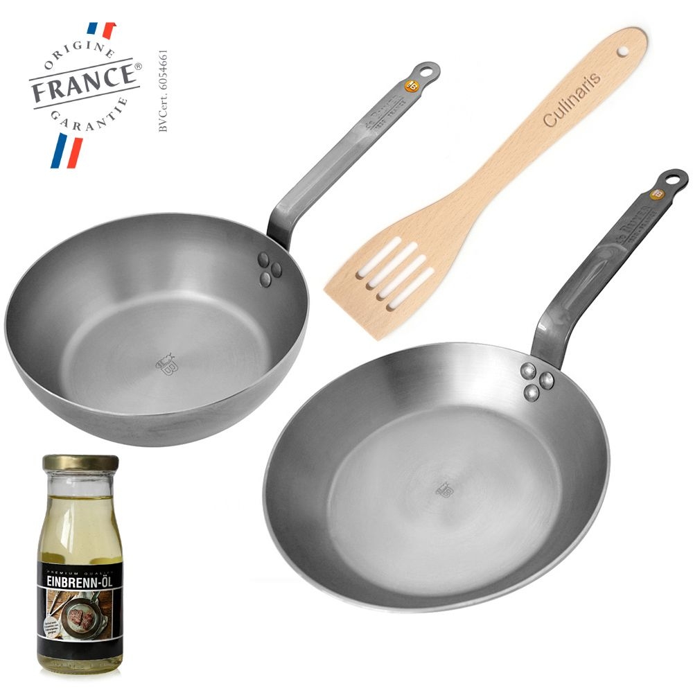 de Buyer - Country pan 24 cm + Frypan 28 cm + Turner + stoving oil