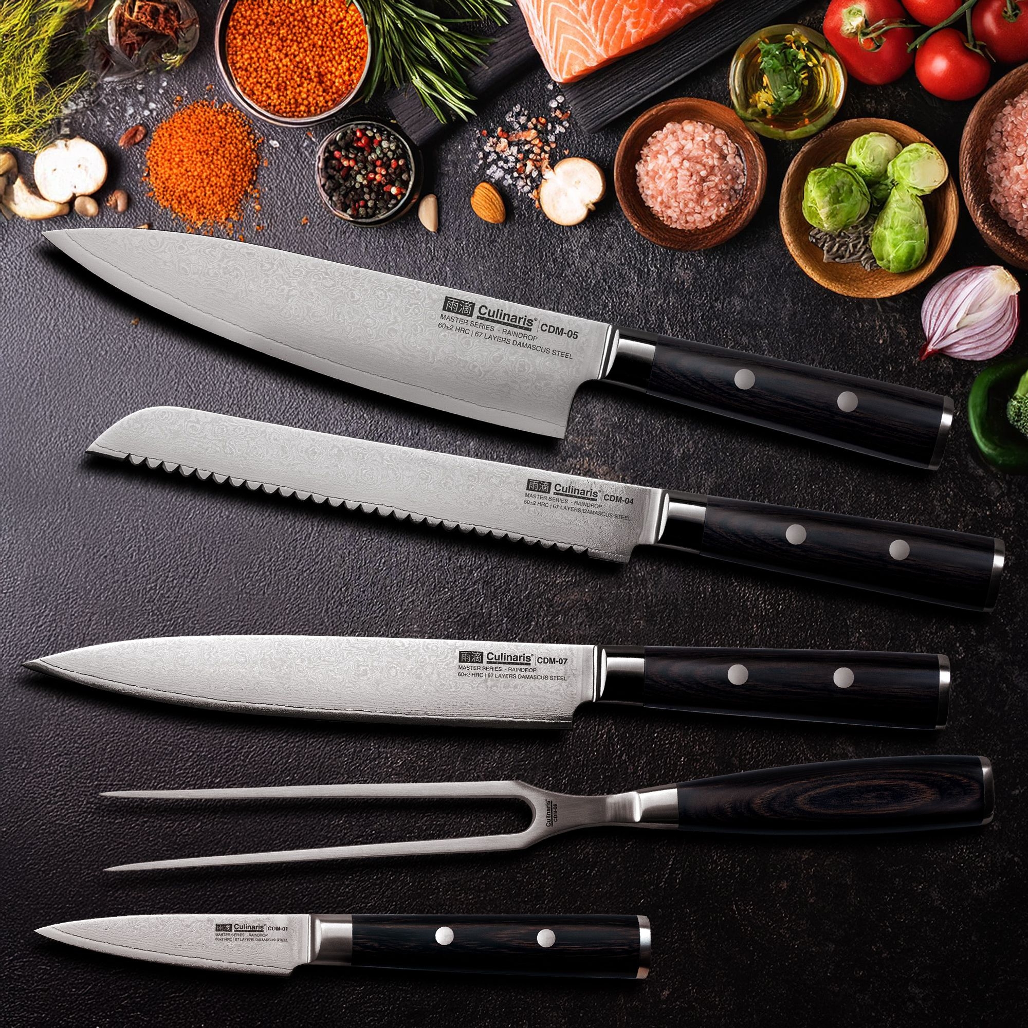 Culinaris - Magnet Bar + 4 Damascus Knives + Meat Fork | Set of 6 | Damascus Master Series