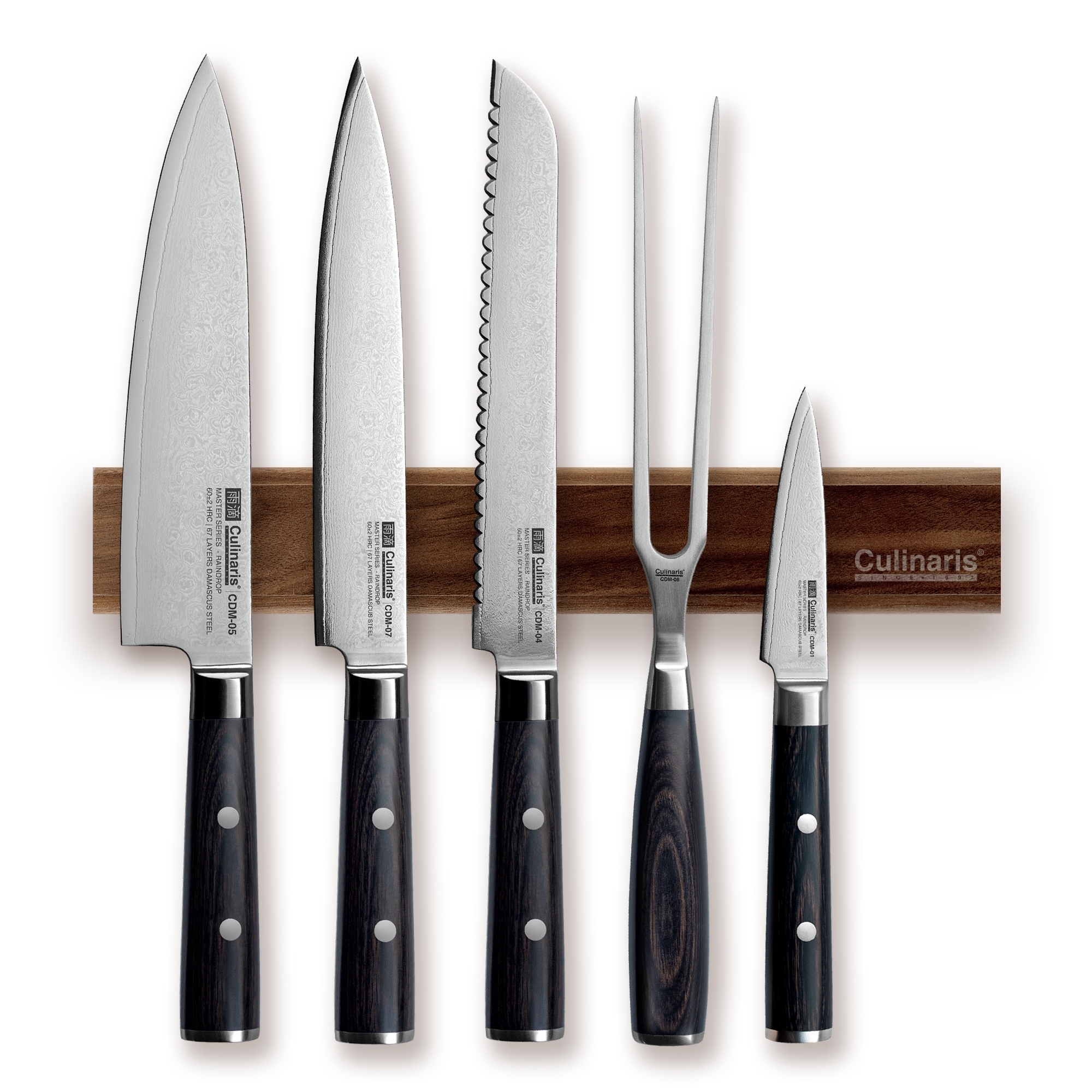 Culinaris - Magnet Bar + 4 Damascus Knives + Meat Fork | Set of 6 | Damascus Master Series